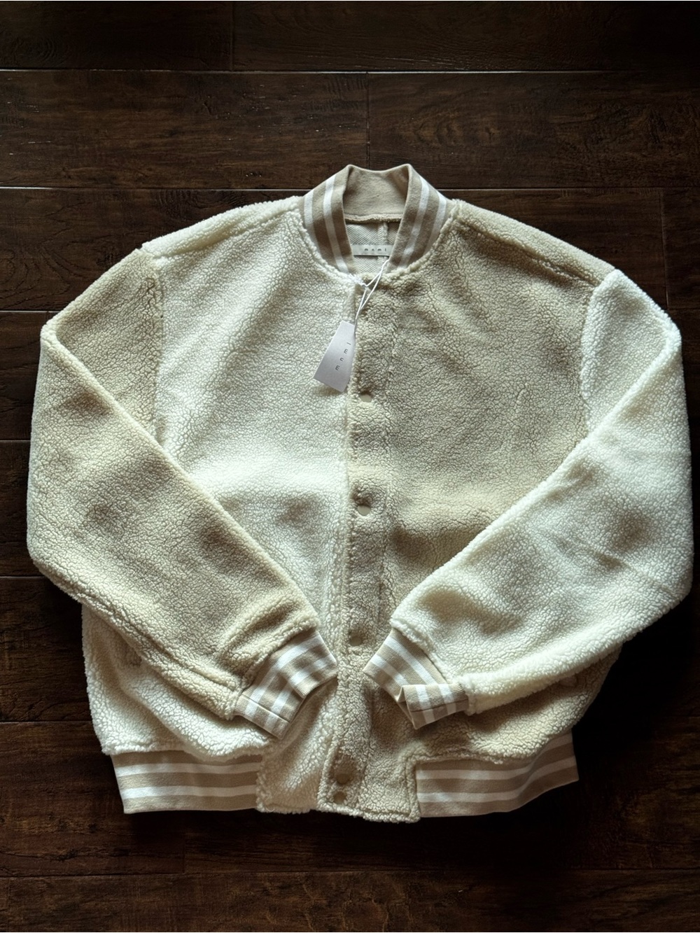 NWT MNML Oversized Cream Teddy Sherpa Fleece Varsity/Bomber Jacket Size Medium